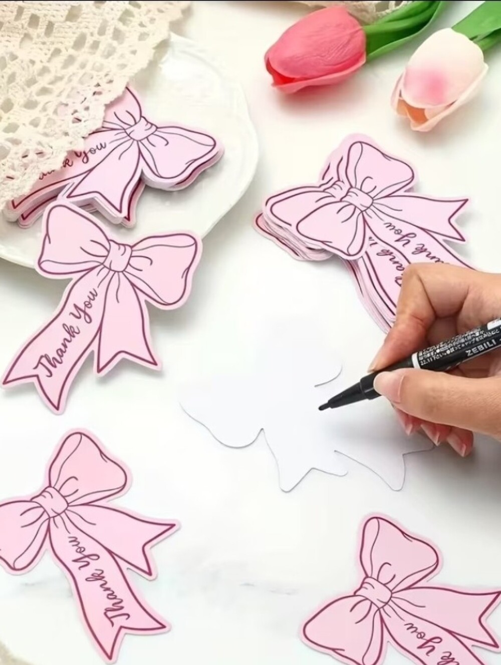 50 Pink Bow Thank You Tags 🎀